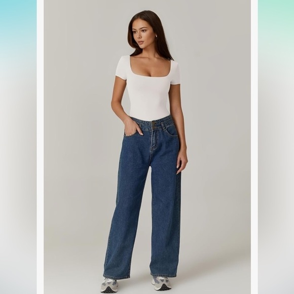 NWT QINSEN Square Neck Short Sleeve Double-Layer Bodysuit Fashion T-Shirt Tops - Picture 4 of 7